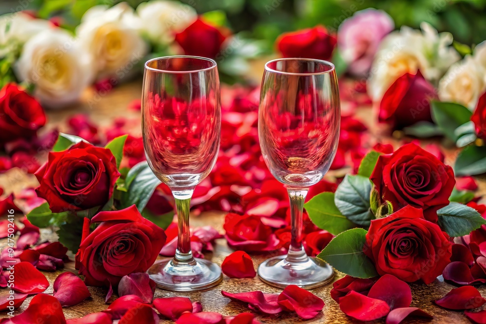 Photo image of a set of two red glasses perched on top of a bouquet of fresh rose petals. Photo image of a set of two red glasses perched on top of a bouquet of fresh rose petals.