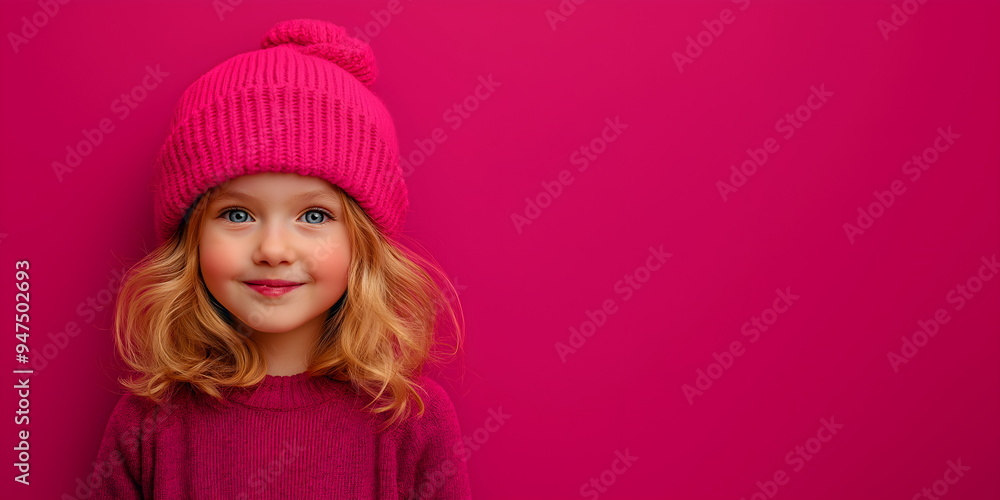 Smiling little girl in pink knit hat and sweater against bright pink background. Childhood joy and winter fashion Smiling little girl in pink knit hat and sweater against bright pink background. Childhood joy and winter fashion