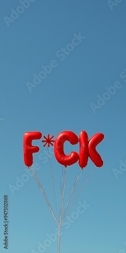 4 balloons in the blue sky that make up the word f*ck