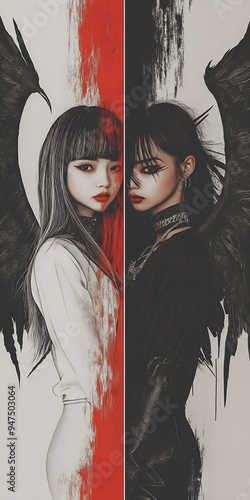 a girl showing two sides of the same personality. an angel and a demon. good and evil