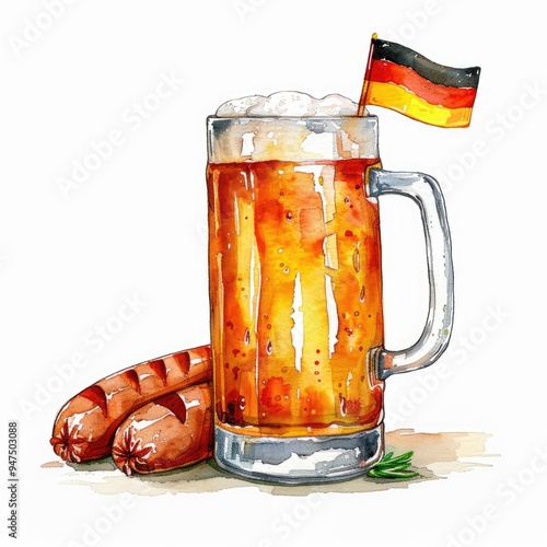 A hearty meal featuring beer and sausages with a German flag in a rustic setting photo