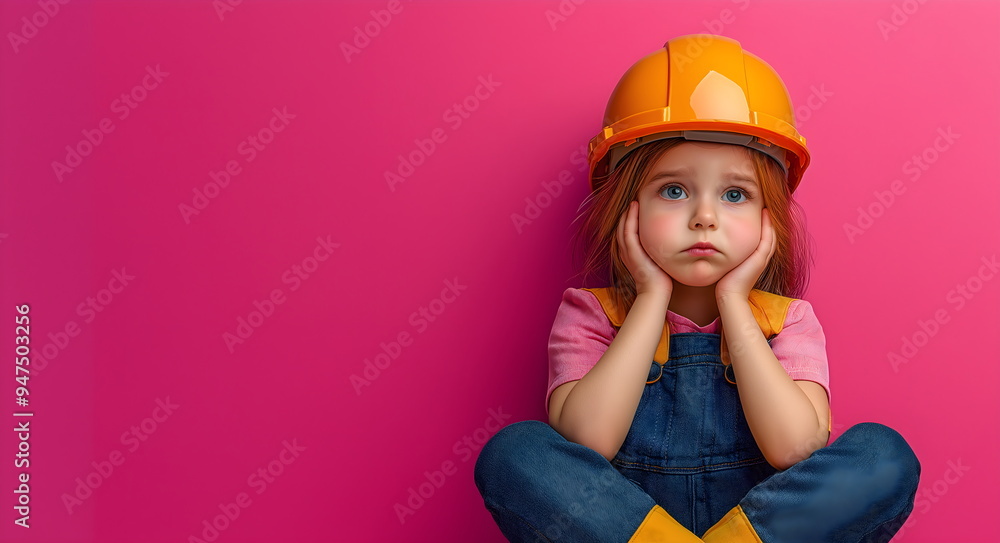Pensive little girl in construction helmet and overalls against pink background. Childhood imagination with future career concepts Pensive little girl in construction helmet and overalls against pink background. Childhood imagination with future career concepts