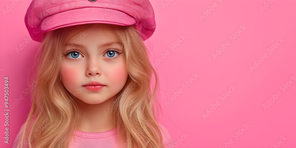 Young girl with blonde hair and blue eyes wearing pink newsboy cap against pink background. Childhood fashion and innocence. Place for text Young girl with blonde hair and blue eyes wearing pink newsboy cap against pink background. Childhood fashion and innocence. Place for text