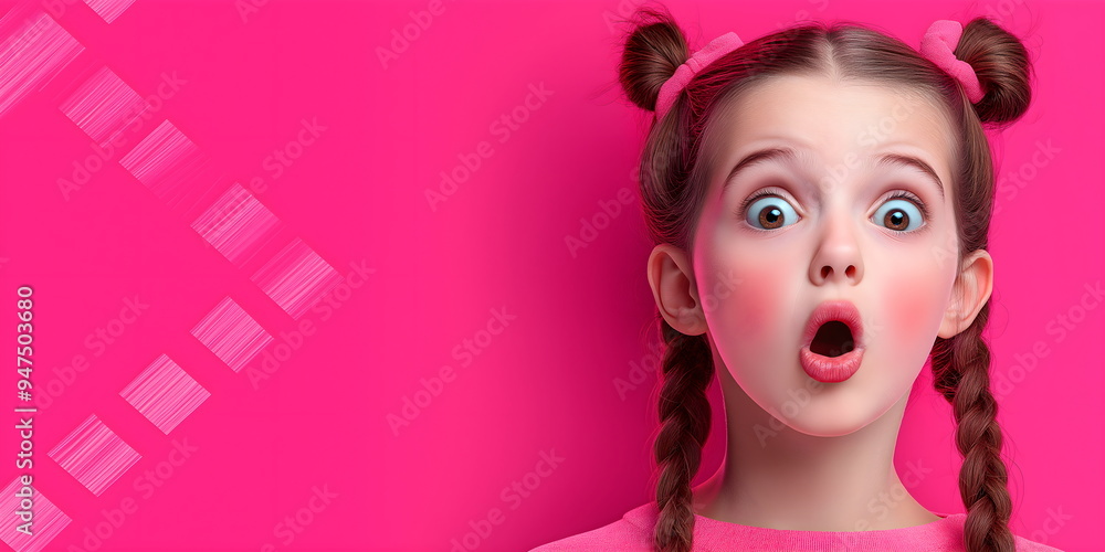 Fototapeta premium Astonished little girl with double bun hairstyle and wide open eyes against bright pink backdrop. Childhood wonder and surprise. Place for text
