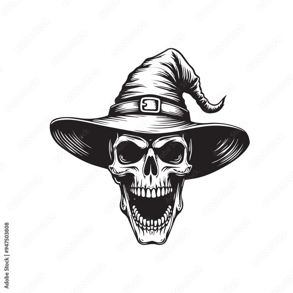 Engraved Skull with Witch Hat - Black and White Hand-Drawn Vector Engraved Skull with Witch Hat - Black and White Hand-Drawn Vector