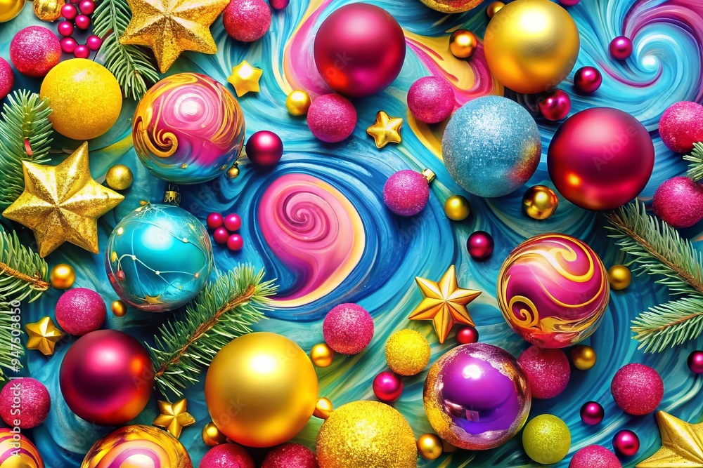 a photo image of a vibrant and whimsical Christmas background featuring a mix of bright pinks, blues, and yellows, with swirling patterns and festive shapes