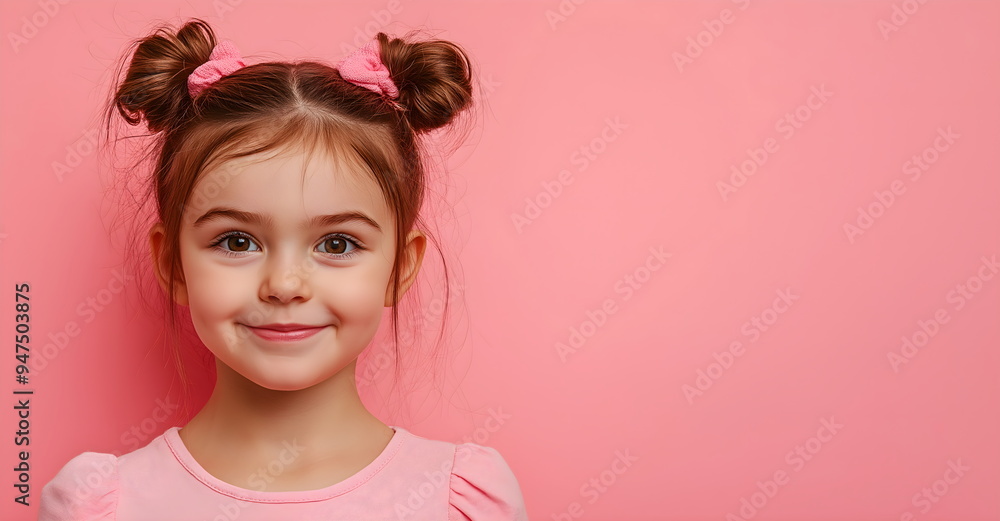 Adorable little girl with space buns hairstyle and pink scrunchies against soft pink background. Childhood innocence and playful style. place forr text Adorable little girl with space buns hairstyle and pink scrunchies against soft pink background. Childhood innocence and playful style. place forr text