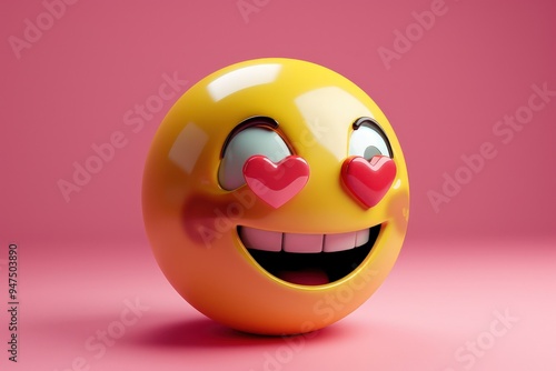 3D yellow emoji with a loving expression, heart eyes and a big smile, on a romantic, rose-pink background.