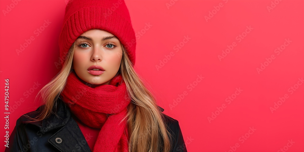 Stylish young woman in red winter accessories against bright pink backdrop. Fashion, seasonal trends or cold weather beauty concepts. Place for text Stylish young woman in red winter accessories against bright pink backdrop. Fashion, seasonal trends or cold weather beauty concepts. Place for text