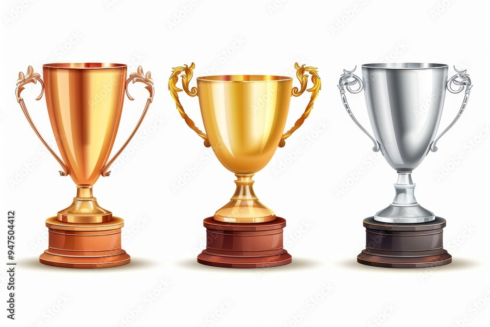 Trophy cups, golden goblet, silver reward, champion bowls. Contest winner award collection, prize cup Trophy cups, golden goblet, silver reward, champion bowls. Contest winner award collection, prize cup