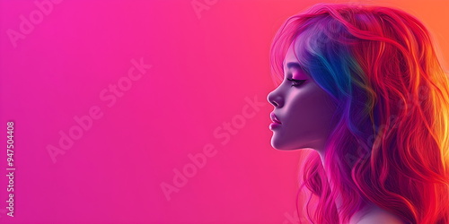 Profile of woman with vibrant rainbow hair against colorful gradient background. Hair color trends, creative beauty or artistic expression concepts. Place for text