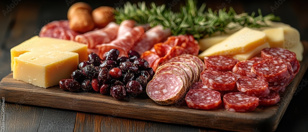 Close-up of a gourmet charcuterie board featuring assorted salami, cheese, black olives, and fresh herbs, perfect for appetizers or parties. Close-up of a gourmet charcuterie board featuring assorted salami, cheese, black olives, and fresh herbs, perfect for appetizers or parties.