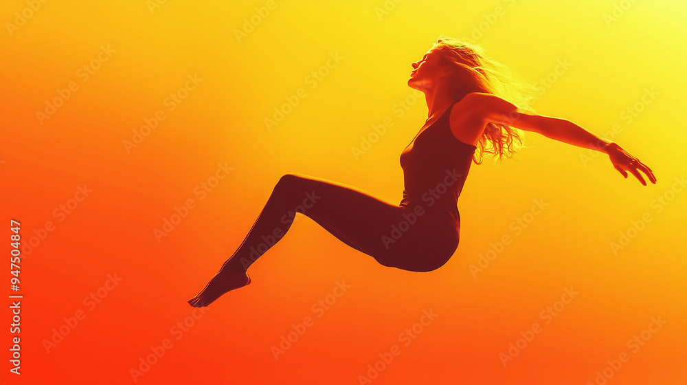 Beautiful blonde woman in a bodysuit is doing fitness, an orange gradient background, studio lighting Beautiful blonde woman in a bodysuit is doing fitness, an orange gradient background, studio lighting