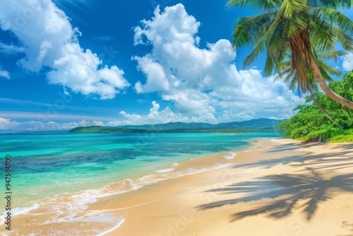 Picturesque Tropical Coast with White Sand, Blue Sea at Hot Afternoon, Beautiful Paradise Beach