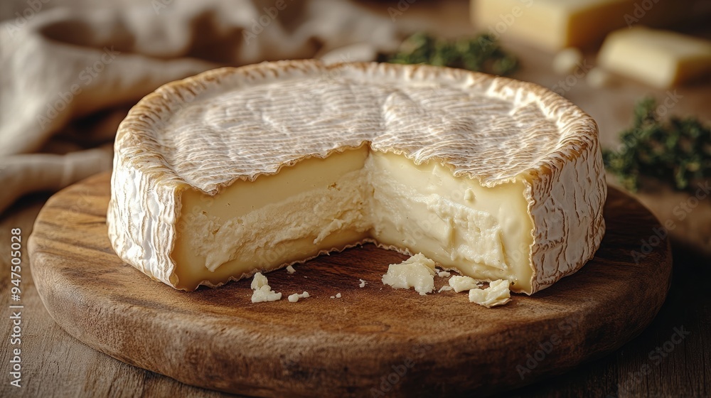 A creamy soft cheese wheel, partially sliced, displayed on a rustic wooden board, perfect for gourmet dining or cheese platters. A creamy soft cheese wheel, partially sliced, displayed on a rustic wooden board, perfect for gourmet dining or cheese platters.