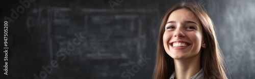 Happy woman portrait and chalkboard with sign for advertising or marketing on a studio background Young female person with smile billboard or poster for message alert or notification on mockup 