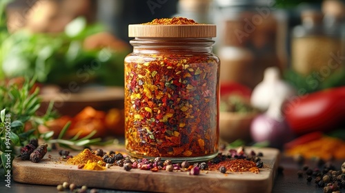 Fototapeta Naklejka Na Ścianę i Meble -  Close-up of a glass jar filled with colorful mixed dried spices and herbs on a kitchen counter, surrounded by fresh ingredients, creating a vibrant and flavorful scene.