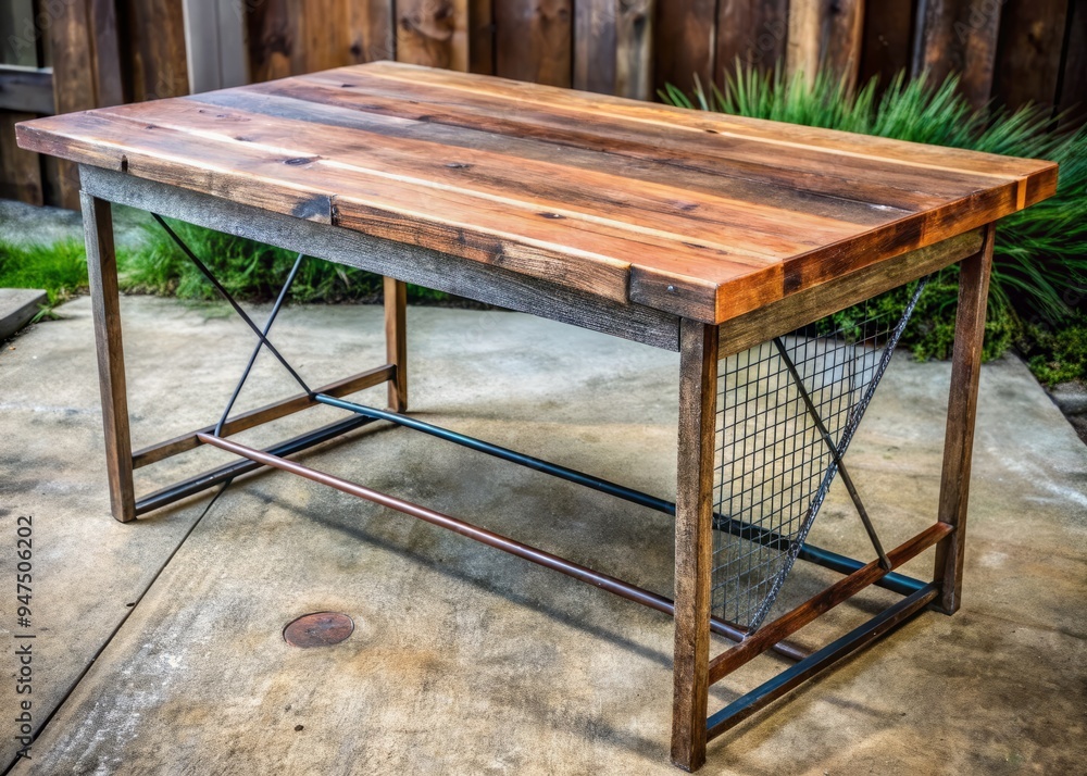 Photo image of a rustic wooden table made from reclaimed barn wood with a distressed metal base and wire wrapped accents Photo image of a rustic wooden table made from reclaimed barn wood with a distressed metal base and wire wrapped accents