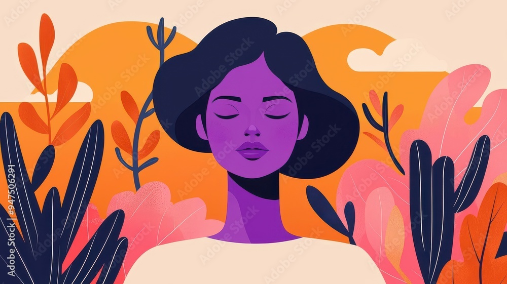 Stylized woman with violet skin in a desert landscape, surrounded by pink and orange cacti, bold color palette, minimalist Stylized woman with violet skin in a desert landscape, surrounded by pink and orange cacti, bold color palette, minimalist
