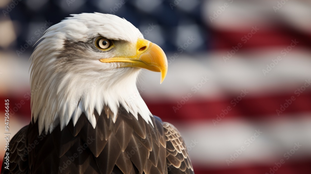 Fototapeta premium Majestic eagle displaying strength and freedom against the background of an american flag