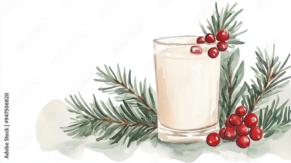 A festive glass of eggnog with pine branches and berries, perfect for holiday celebrations and winter decor. A festive glass of eggnog with pine branches and berries, perfect for holiday celebrations and winter decor.