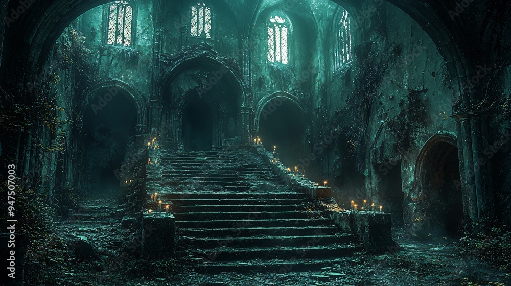 A hauntingly beautiful interior of an abandoned medieval castle, perfect for Halloween designs, evoking mystery and spookiness with copy space. A hauntingly beautiful interior of an abandoned medieval castle, perfect for Halloween designs, evoking mystery and spookiness with copy space.