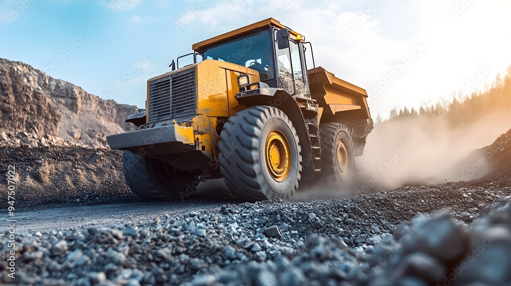 A construction vehicle spreading crushed stone over a large area, creating a uniform sub-base layer before compacting A construction vehicle spreading crushed stone over a large area, creating a uniform sub-base layer before compacting