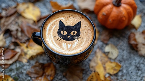 A top view of a Halloween-themed flat latte featuring a black cat pattern, perfect for promoting festive drinks for Halloween celebrations, with copy space. photo