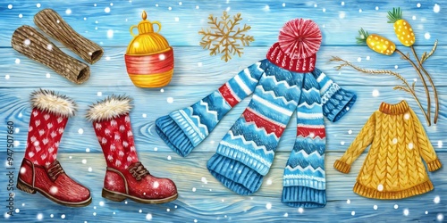 A playful winter scene comes to life, showcasing a charming doodle of snowflakes, winter accessories, and frosty trees, exuding warmth and tranquility. photo