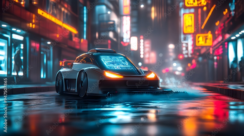 A futuristic cleaning robot sweeping excess sand from a sleek, metallic pavement, holographic control panel visible, Sci-Fi, Neon lights, 3D Render A futuristic cleaning robot sweeping excess sand from a sleek, metallic pavement, holographic control panel visible, Sci-Fi, Neon lights, 3D Render