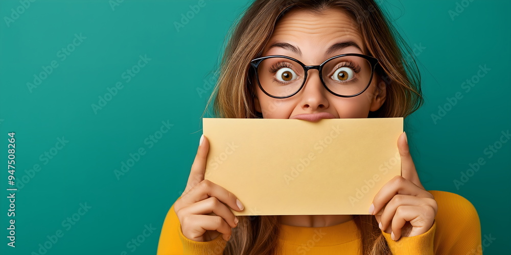 Banner with Surprised Young Woman Holding Blank Paper on Turquoise Background. Message or Announcement Concept. Place for text Banner with Surprised Young Woman Holding Blank Paper on Turquoise Background. Message or Announcement Concept. Place for text