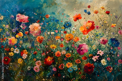 Abstract Painting of a Colorful Wildflower Meadow.