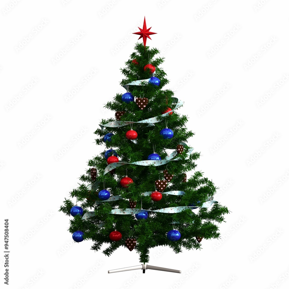 Fototapeta premium Christmas tree with decorations, isolated on white background, 3D illustration, cg render