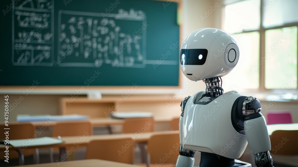 Humanoid robots teach in a classroom with a blackboard in the background, artificial intelligence in education, and future teaching and learning technologies Humanoid robots teach in a classroom with a blackboard in the background, artificial intelligence in education, and future teaching and learning technologies