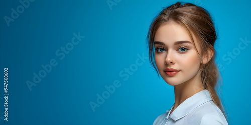 Banner with Beautiful Young Woman in White Shirt on Blue Background. Professional Portrait or Beauty Concept. Place for text