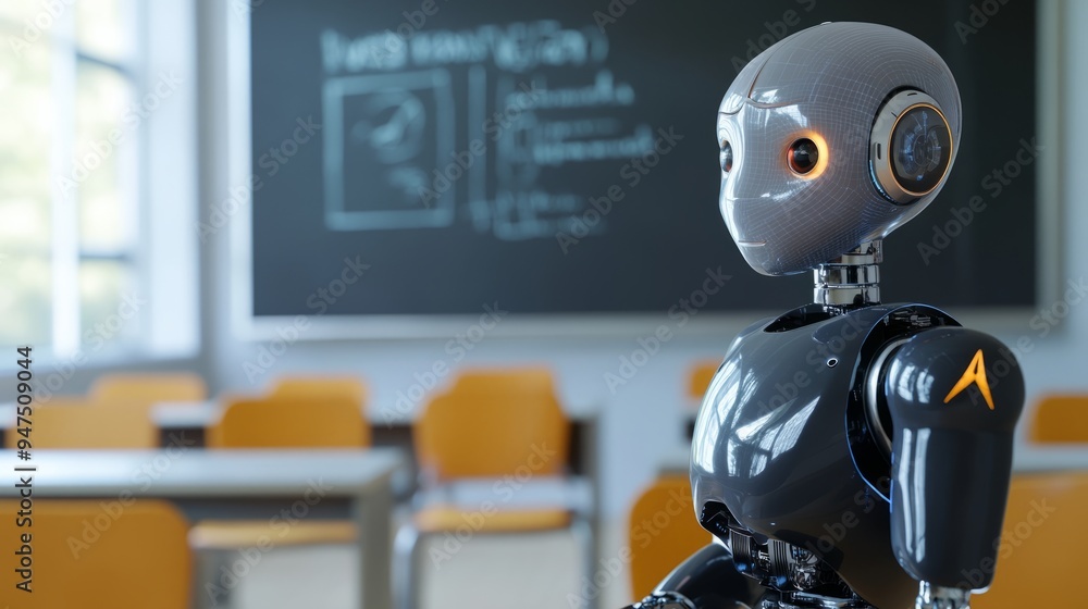 Humanoid robots teach in a classroom with a blackboard in the background, artificial intelligence in education, and future teaching and learning technologies Humanoid robots teach in a classroom with a blackboard in the background, artificial intelligence in education, and future teaching and learning technologies