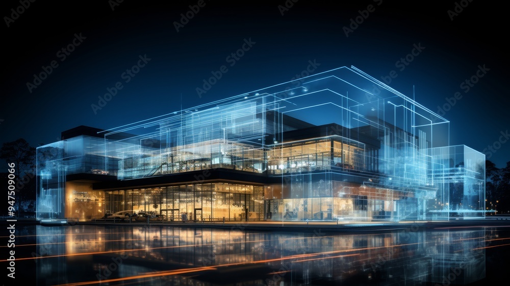 Obraz premium Digital blueprint of an office building featuring holographic elements for innovative design