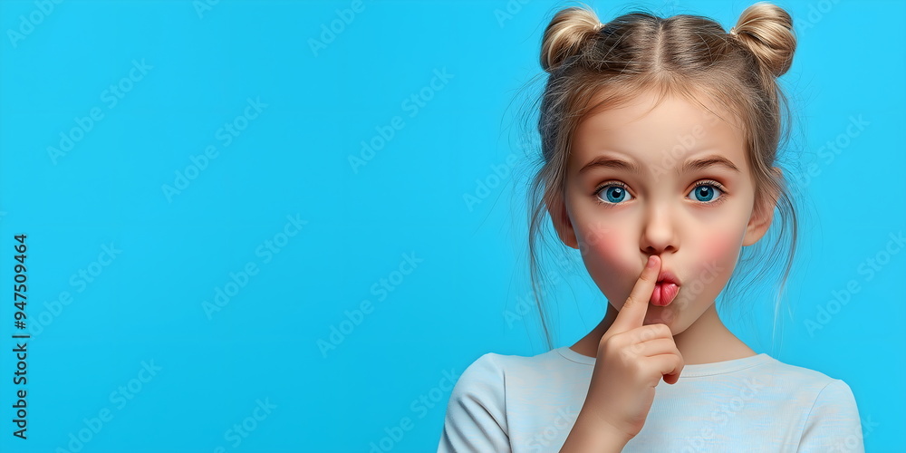Banner with Cute Little Girl Making Shush Gesture on Blue Background for Child Secret or Silence Concept. Place for text Banner with Cute Little Girl Making Shush Gesture on Blue Background for Child Secret or Silence Concept. Place for text