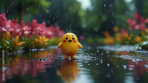 a yellow rubber duck in the rain with a raindrop on it.