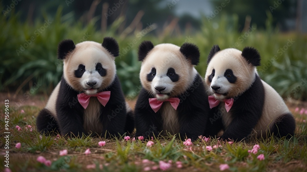 three panda bears wearing bow ties sit in a field of flowers. three panda bears wearing bow ties sit in a field of flowers.