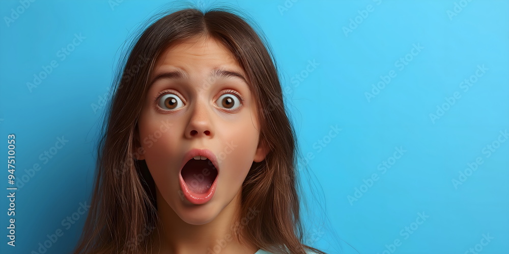 Banner with Shocked Girl with Wide Open Mouth on Blue Background for Surprise or Amazement Concept. Place for text Banner with Shocked Girl with Wide Open Mouth on Blue Background for Surprise or Amazement Concept. Place for text