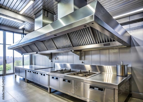 Industrial exhaust hood mounted above a sturdy steel table, providing a clean and safe working environment for fabrication and manufacturing tasks. photo