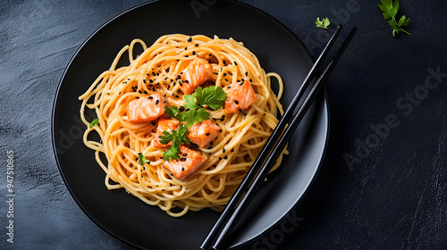 Fusion Cuisine A fusion-style salmon spaghetti with Asian-inspired flavors, featuring smoked salmon, soy sauce, and a hint of wasabi in a creamy sauce photo