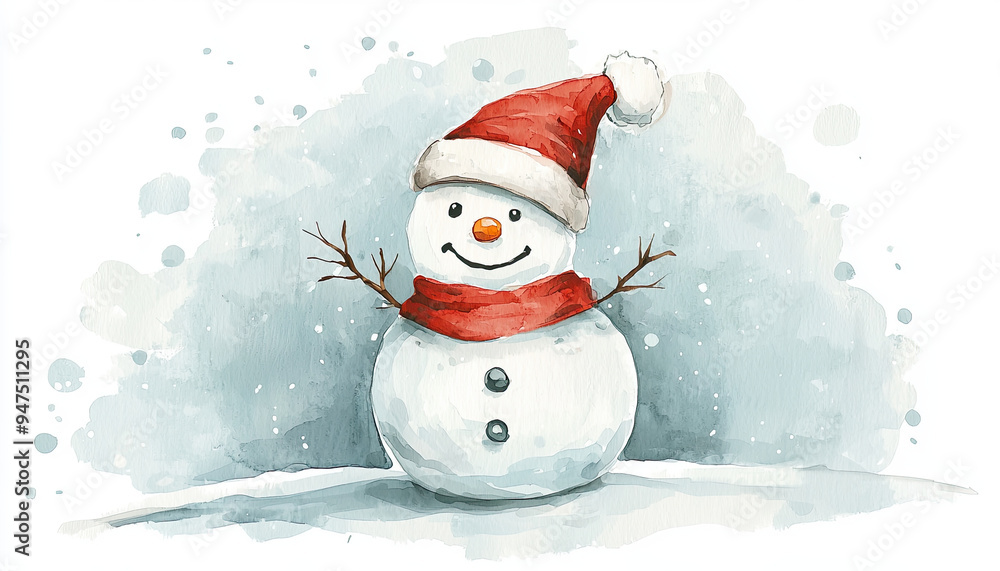 Charming watercolor illustration of a cheerful snowman wearing a Santa hat and scarf, set against a snowy background. Charming watercolor illustration of a cheerful snowman wearing a Santa hat and scarf, set against a snowy background.