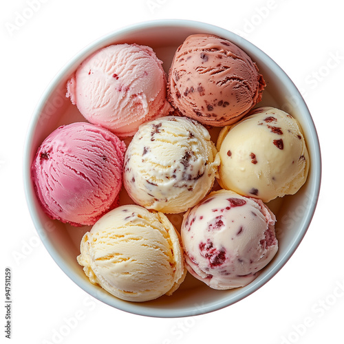 Top view close up of ice cream scoop that various flavor in bowl isolated on Transparent background