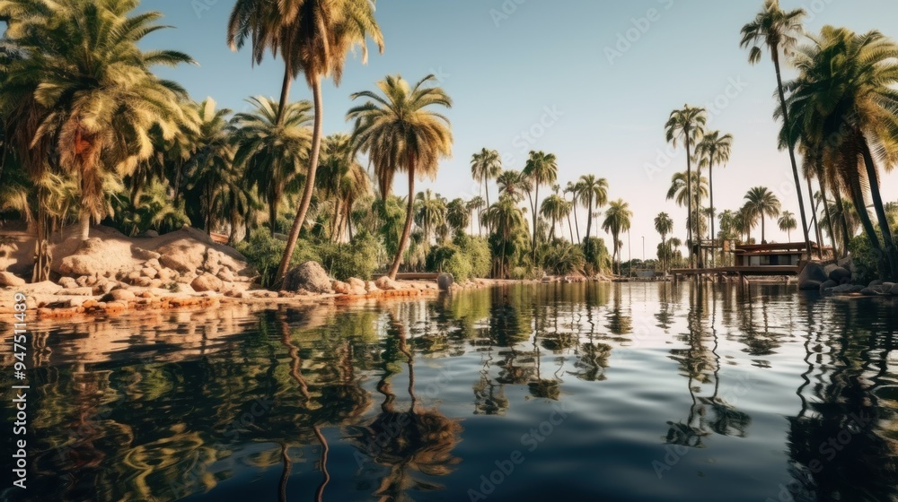 Tranquil Oasis with Palm Trees and Reflecting Water Tranquil Oasis with Palm Trees and Reflecting Water