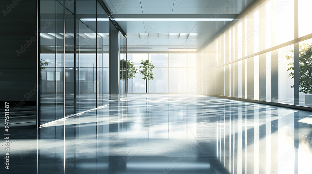Modern office hallway with glass walls and a bright, sunlit view. Modern office hallway with glass walls and a bright, sunlit view.