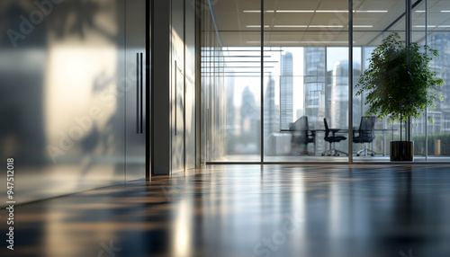 A modern office hallway with a view of a city skyline through large windows.