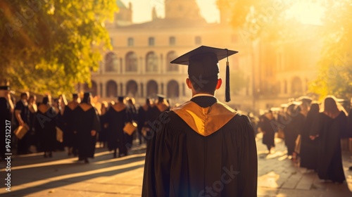 Close up of black graduation cap with yellow tassel on blurred background at educational ceremony