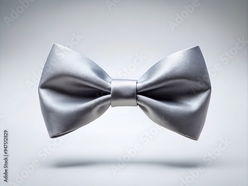 Photo image of a bow tie hanging on a white background, seemingly suspended in mid-air, with a minimalist and sleek design.